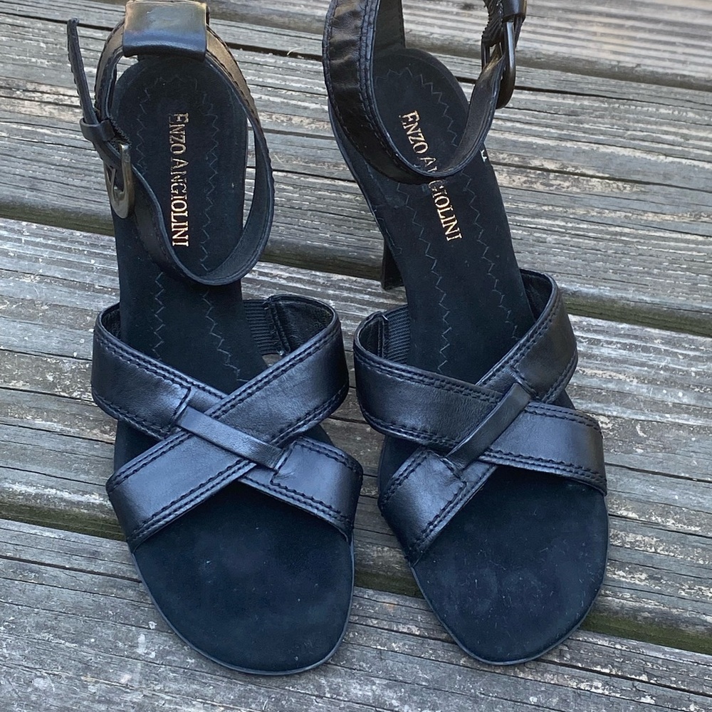 Enzo Angiolini genuine black leather heels size 6 Made in Brazil ankle strap